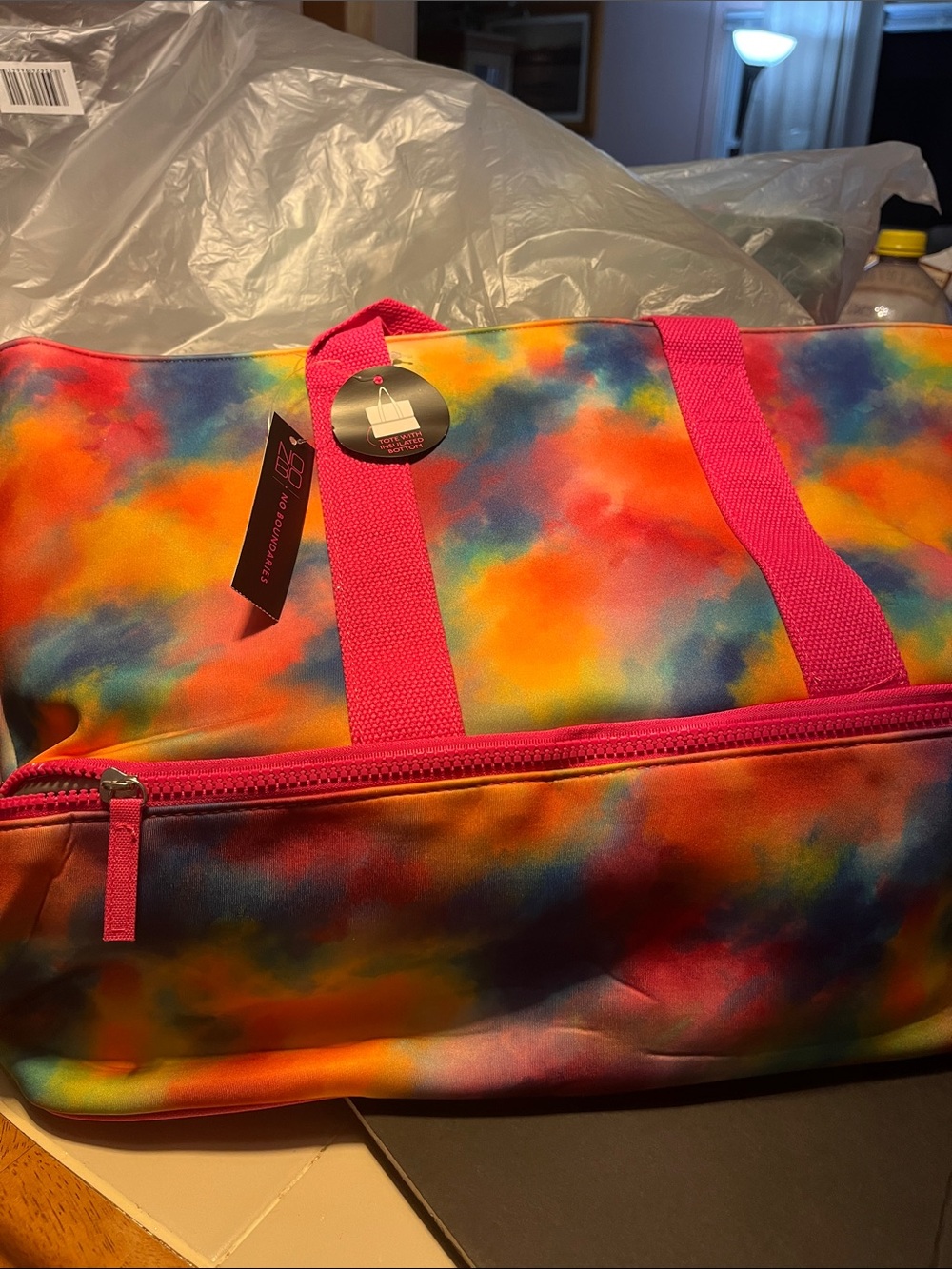 No Boundaries Multicolor Tie-Dye Weekend Tote with Hot Pink Handles